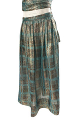 1980s Geoffrey Beene Gold & Turquoise Silk Lame Metallic Skirt & Top Set