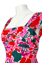 1980s Unlabelled Jacqueline de Ribes Pink Floral Print Silk Dress