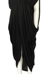 c1976 Halston Black Draped Plunge Front Caped Back Jersey Dress