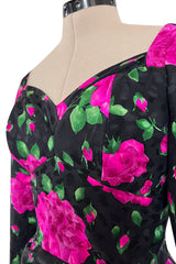 Prettiest 1980s Vicky Tiel Couture Hourglass Bright Pink Floral Print Silk Dress