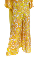 1960s Unusual Wrapped & Tie Printed Yellow Jumpsuit w Full Length Caped Back