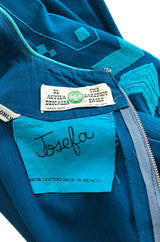 1960s Josefa Hand Embroidered Ocean Blue & Turquoise Bell Sleeve Caftan