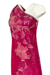 1970s Lillie Rubin Pink Densely Sequin & Bead Graphic Pattern One Shoulder Dress