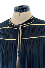 Versatile 1981 Bill Tice Full Length Black Pleated Jersey Coat w Gold Cord Detailing