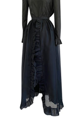 1972 Bill Blass Black Silk Taffeta Dress w Attached Silk Organza Skirt & Open Ruffled Back