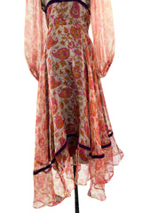 Rare 1968-71 Thea Porter Couture Unlabeled Silk Organza & Brocade Gipsy Dress w Balloon Sleeves