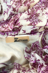 2000s John Galliano Purple Floral Print Silk Bias Cut Ruffle Dress