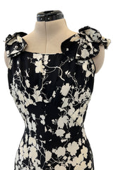 Prettiest 1930s Black & White Floral Print Bias Cut Silk Elaborate Ruffle Shoulder Dress