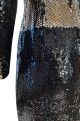 Late 1970s Pierre Cardin Blue Green & Gold Striped Black Sequin Dress w High Collar