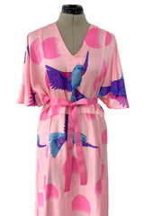 Prettiest 1970s Hanae Mori Pink Cotton Bird Print Dress w Wide Caped Sleeves