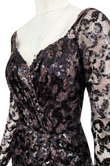 1980s Vicky Tiel Couture Fitted Metallic Net Dress w Extensive Black Sequin Detailing