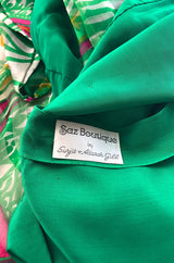 1970s Brilliant Green w Bright Pink Accents Printed Ribbon Silk Chiffon Full Length Maxi Dress