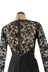 1980s Loris Azzaro Couture Black Silk & Net Sequin Floral Bodice Dress w Swag Hip Detail