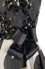 Early 1980s Possible Louis Feraud Graphic Sequin Bodice w Black & White Dotted Bubble Skirt Dress