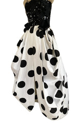 Early 1980s Possible Louis Feraud Graphic Sequin Bodice w Black & White Dotted Bubble Skirt Dress