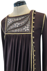Museum Held 1970s Bill Gibb Deep Brown Liquid Jersey Dress w Metal Buttons & Extensive Beading