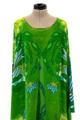 Phenomenal Early 1970s La Mendola Green Silk Jersey Caftan Dress w Silk Chiffon Overlay