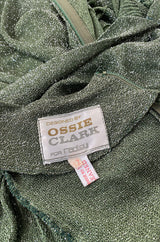 1970s Ossie Clark Metallic Green & Silver Lurex Knit Lame Plunge Dress