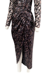 1980s Vicky Tiel Couture Fitted Metallic Net Dress w Extensive Black Sequin Detailing