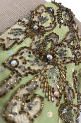 Incredible 1950s Mignon Densely & Heavily Beaded Green Silk Brocade Hourglass Dress