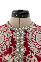 Stunning 1970s Adele Simpson Red & Gold Brocade Dress w Rhinestone Detailing