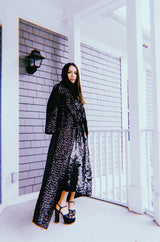1970s Unlabeled Black Sequin Full Length Trench Style Maxi Coat