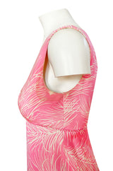 1960s Jerry Silverman Pink Print Mini Dress w Pink Feather Hem Detailing