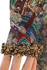 Fall 1990 Oscar de la Renta Metallic Gold Silk Lame Dress w Brass Bell Trim