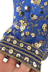 Stunnng 1980s Givenchy Gold Sequin on Blue Silk Chiffon Skirt & Top Dress Set