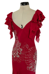 Incredible 2000s John Galliano Deep Red Bias Cut Dress w Silver Bead Detailing