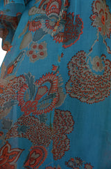 1960s Hardy Amies Deep Turquoise & Printed Silk Organza Dress w Matching Ruffled Capelet