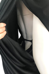 c1976 Halston Black Draped Plunge Front Caped Back Jersey Dress