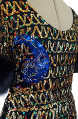 Late 1960s Oscar De La Renta Gold Sequin & Huge Paillettes Detailed Dress w Mink Cuffs