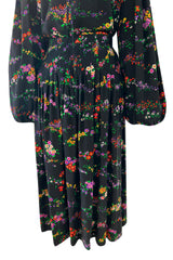 Gorgeous 1970s Yves Saint Laurent Floral Print Silk Skirt & Balloon Sleeve Top Set
