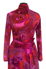 1972 La Mendola Silk Jersey Dress w Skirt Chiffon Skirt in the 'Paridiso' Peacock Feather Print