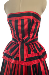 Stunning 1970s Victor Costa Red & Black Striped Satin Finish Strapless Dress
