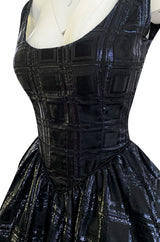 Early 1980s Nina Ricci Black Silk Metallic Lame Full Skirted Low Back Dress