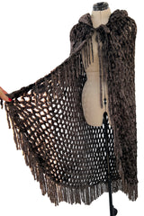 Beautiful Fall 1973 Yves Saint Laurent Soft Brown Fringed Chenille Knit Cape w Hood