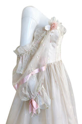 1980s Emanuel Custom Fairy Tale Embroidered & Ribboned Silk Organza Dress