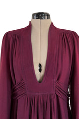 1970 Ossie Clark 'Graduation' Front Plunge Dress in a Burgundy Moss Crepe