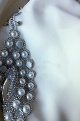 1970s Elaborate Silver, Pearl & Bead Covered Jeweled White Chiffon Caftan Dress