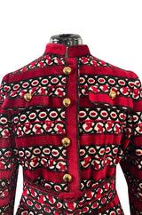 1960s Davidow Red Black & White Fused Cut Velvet Dream Carpet Coat w Matching Belt