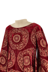 1930s Franco Bertoli Hand Painted Gold Patterned Caftan Dress on A Deep Red Silk Velvet