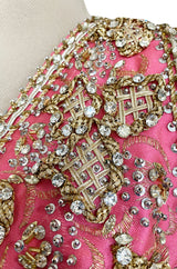 1960s Pat Sandler Pink Silk Chiffon Dress w Rhinestone & Gold Metal Cord Bodice Detailing