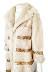 Rare 1960s Christian Dior Pale Ivory Mink Coat w Python Snake Insets