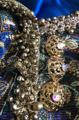 Fall 1990 Oscar de la Renta Printed Metallic Silk Dress w Brass Bell Edging