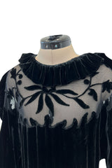Gorgeous 1930s Bias Cut Silk Velvet Dress w Silk Mesh & Applique Detailing & Incredible Sleeves