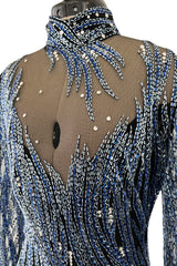 Incredible 1987 Bob Mackie Blue & Silver Beaded & Sequin Dress on Black Net
