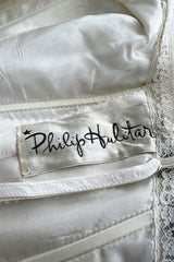 Beautiful 1950s Philip Hulitar Couture Brilliant Floral on Ivory Print Silk Strapless Dress