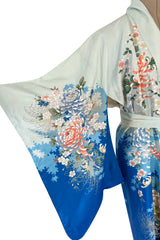 Prettiest 1970s Blue Floral Print Kimono Reversible to an Ivory & Coral Print